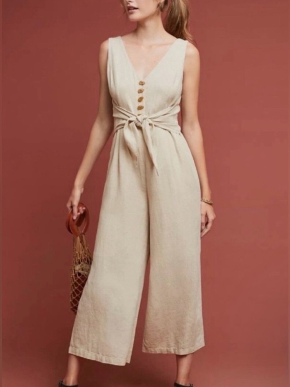 Anthropologie Maeve Getaway Linen Blend Tie Front Jumpsuit